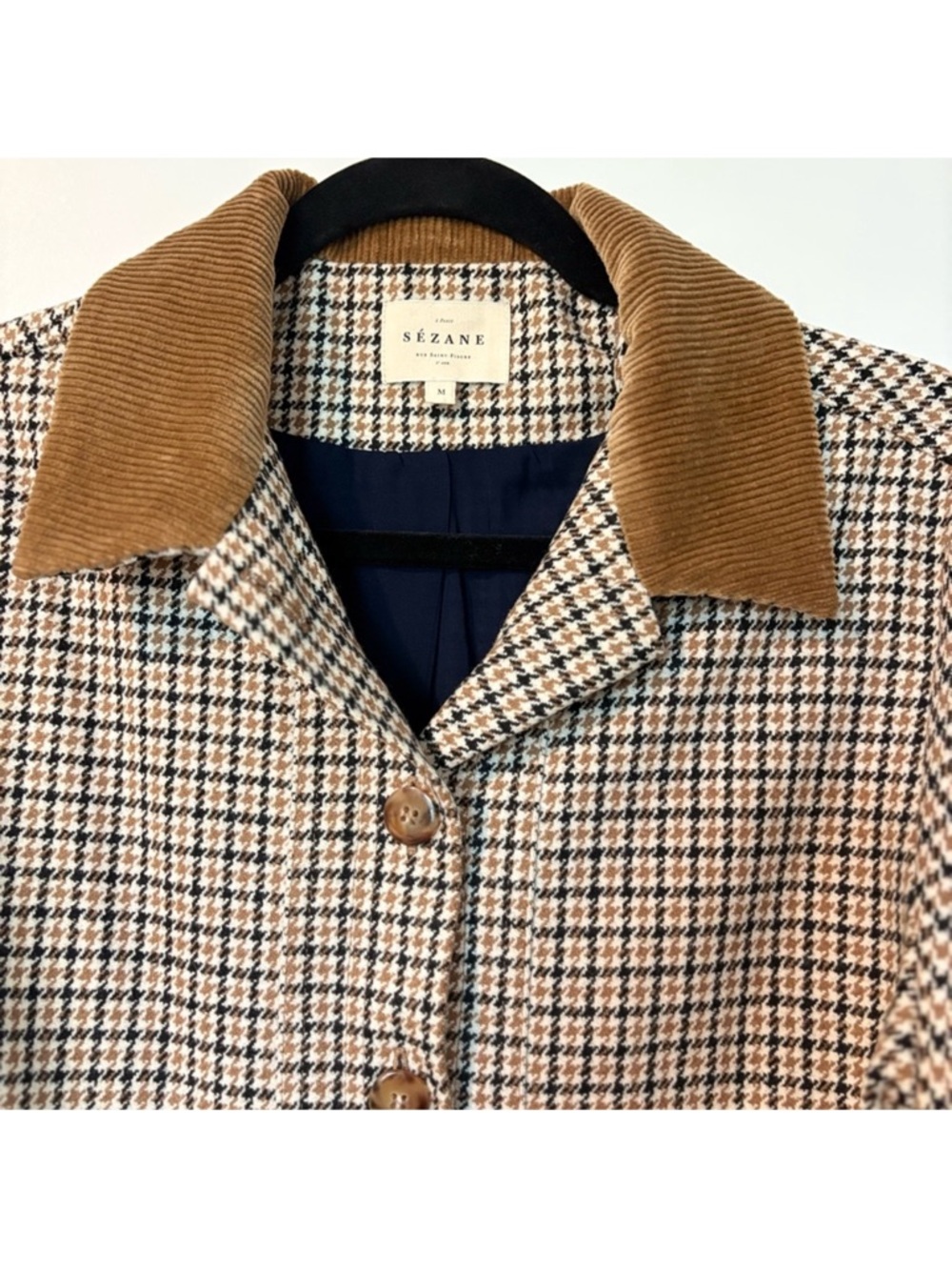 SEZANE Checked Blazer with Corduroy Collar in Tan and Cream - Picture 5 of 8